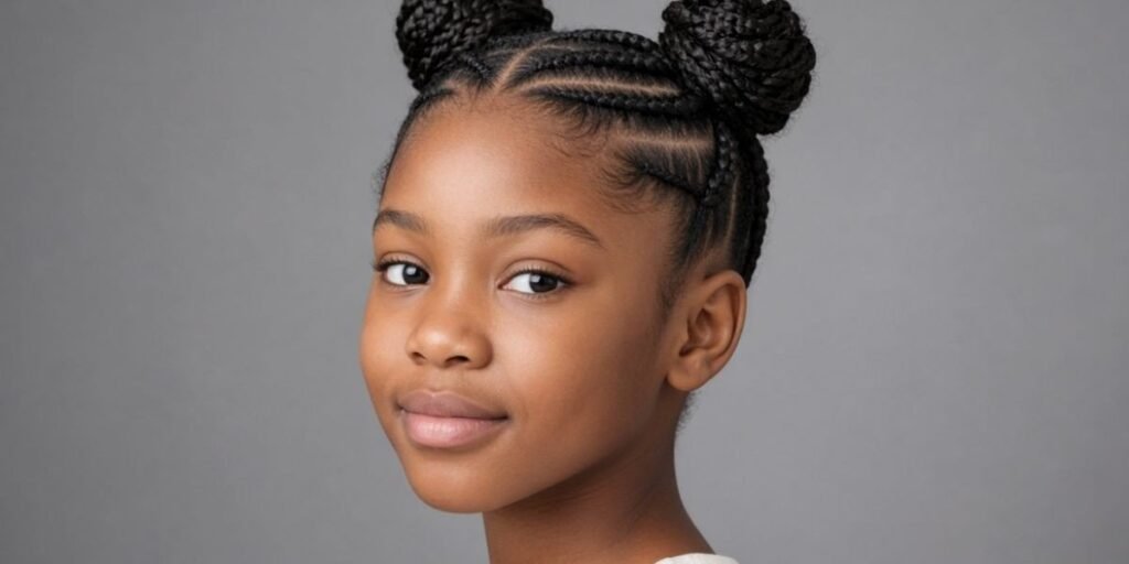 Straight-Back Cornrows into Two Buns Kids Braided Hairstyles